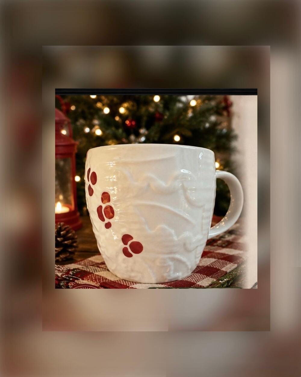 2010 Starbucks Christmas Mug White Ceramic Holly Leaves Berries Hand Painted EUC